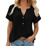 Rahat, bol kesimli keten gömlek – Im Crop Tops kadın tişörtü, 3/4 kol, yazlık kot pantolon, hafif tişört, pamuk, V yaka, olağan dışı tunik, yazlık tişört, Siyah, XL