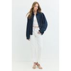 Rahat Fit Balon Kol Taşlı Rinse Koyu Indigo Kadın Jean Gömlek - Lacivert