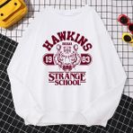 Rahat Sokak Bayan Kazak Hawkins Lisesi Indiana 1983 Baskı Kapüşonlular Gevşek Bisiklet Yaka K - Beyaz