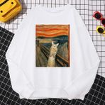 Rahat Sokak Kadın Kazak Yağlıboya Cat's Catbaskı Hoody Rahat Polar Kazak Gevşek Sıcak Kadın S - Beyaz