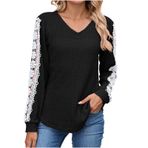 Rahat uzun kollu bluz, kadınlar için, dantel kontrastlı, Crop Tops kadın kıyafeti, yazlık tişört, kırmızı, beyaz, V yaka, pamuk, beyaz, yarım kollu, Siyah, XXL