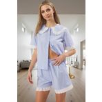 Rahat Yazlık Pijama Takımı Ekose Poplin Gömlek Şort Dantel Detay Özel Tasarım