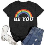Rainbow Be You Letter LGBT Pride Kadın Erkek Tişörtü, Siyah, L