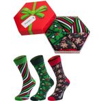 Rainbow Socks - Erkek Kadın Yeni Noel Çorabı Hediye Kutusu - 3 Çift, 3x Zencefilli Kurabiye Yıldız Holly Eğimli Çizgili, 9.5-13