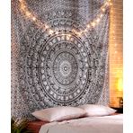 RAJRANG BRINGING RAJASTHAN TO YOU Siyah ve Beyaz Goblen Büyük-Kral Fil Mandala Duvar Asılı 228x274 cm Hint Plaj Atmak Duvar Sanatı Boho Bohemian Dekor Hippi Büyük Duvar Asma Çiçek Plaj Atmak Art Deco