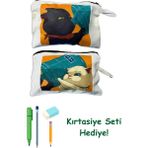 rakkun shop Ayrılmaz İkili Kediler Baskılı Ham Bez 2li Kalemlik Makyaj El Çantası