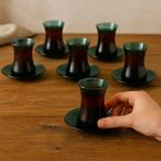 Rakle 12 Parça Çay Seti – Yeşil Cam Çay Bardağı ve Tabak Takımı (6 Kişilik) - 170 ml
