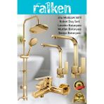 Ralken 4’lü Batarya Seti Gold Altın Pirinç Banyo Lavabo Kare Mutfak Eviye Musluğu Yuvarlak Yağmurlama Duş Sistemi Komple Set - Gold - Altın