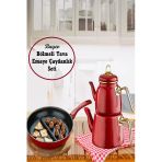 Ramazana Ozel Sahur Seti 30 Cm Cift Bolmeli Tava + Kirmizi Emaye Caydanlik Takimi Iftar Set