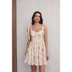 RAMİOR COLLECTION Sarı Çiçek Desenli Askılı Mini Elbise Bağlama Detaylı Yazlık Günlük Elbise