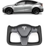 Ramm Tesla Model Y - Model 3 Yoke Stil Direksiyon Simidi - Alcantra Siyah Deri - Karbon Fiber Kaplama - Isıtmalı