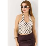 Raneel Kazançlı Alışveriş Kadın Boyundan Askılı Puantiyeli Crop Bluz Krem