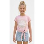 Rapapa Kız Çocuk Beyaz Gül Detaylı Pembe Örme Crop TIŞÖRT-4318