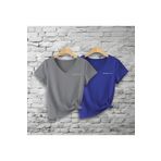 RASCHA Kadın Duman Gri-Saks Mavi Brooklyn Baskılı 2'li V Yaka Regular T-shirt
