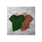 RASCHA Kadın Yeşil-Kahverengi Brooklyn Baskılı 2'li V Yaka Regular T-shirt