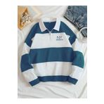 RASCHA Unisex Petrol Mavi Çizgili NY Baskılı Fermuarlı Polo Yaka Oversize Sweatshirt