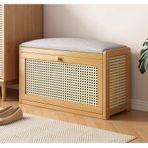 Rattan Ayakkabı Tezgahı Ayarlanabilir Raf ve Keten Koltuk Minderi Ahşap Saklama Tezgahı Koridor ve Yatak Odası Giriş Yolları Ayakkabı Rafı Oturma Doğal Kaplama 70 x 24 x 44 cm