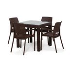 Rattan Camlı Lüx 80x80 Masa Takımı 1 Masa + 4 Sandalye Kahve Bahçe Balkon Teras Kahve