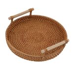 Rattan Depolama Tepsisi, Kulplu Yuvarlak Meyve Tepsileri, Sehpa Için Hasır Meyve Sepeti, Dekoratif Boho Yuvarlak Tasarım kahvaltı ekranı Ile el Işi Ekmek Tepsisi (L)