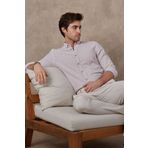 RAVANELLI Erkek Bej Çizgili Pamuk Keten Modern Slim Fit Gömlek