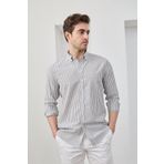 RAVANELLI Erkek Gömlek Siyah Çizgili Pamuk Keten Modern Slim Fit Gömlek