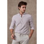 Ravanelli Ravanellı Erkek Gömlek Siyah Çizgili Pamuk Keten Modern Slim Fit Gömlek - Bej