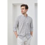 Ravanelli Ravanellı Erkek Gömlek Siyah Çizgili Pamuk Keten Modern Slim Fit Gömlek - XL