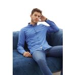 RAVANELLI Vessmen Saks Mavisi Dar Kesim Slim Fit Pamuklu Oxford Likra Yaka Düğmeli Uzun Kol Erkek Gömlek