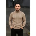Rawea Fashion Erkek Balıkcı Yaka Bağazlı Triko Kazak Pamuklu Kalın Fitilli Dokuma, Regular Fit Uzun Kollu Kışlık Model - Bej - 2XL