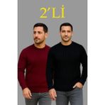 Rawea Fashion Erkek Fitilli Triko Kazak 2’li Set – Siyah & Bordo, Kalın Dokuma Pamuklu Regular Fit Bisiklet Yaka Uzun Kollu Rahat Kışlık Kazak Kombini - Siyah - Bordo - XL