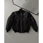 Rawea Fashion Unisex Siyah Bomber Mont – Beyaz Şimşek Desenli, Fermuarlı Cepli, Kapitone Astarlı Sokak Stili Günlük Ceket - Siyah - XS