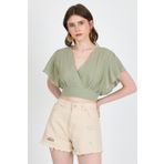 Rays Olive Yeşili Keten Görünümlü %100 Pamuk Fırfır Kol Detaylı Crop Bluz 6942