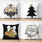 RealHomes 43x43 cm Renkli 4'lü Çift Taraflı Siyah Beyaz Gold Detaylı Mery Christmas Temalı Dijital Baskılı Modern Süet Kırlent Kılıfı Seti