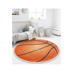 RealHomes Basketbol Oyun Toplu Tasarımlı Çocuk Odası Yıkanabilir Kaymaz Tabanlı Püsküllü Yuvarlak Çocuk Halısı HaliYuvCck-Deluxe-10524, 90 x 90