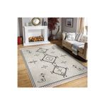 RealHomes Bej Zeminde Bohem Motifli Kilim Desenli Etnik Motifler Oturma Odası Yatak Odası Kaymaz Saçaklı Halı HaliDik-Deluxe-11393, 160 x 230