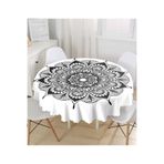RealHomes Beyaz Zeminde Çiçek Mandala Desenli Yuvarlak Masa Örtüsü - Çap 140cm, MasaYuv-5128-140x140cm