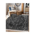 RealHomes Beyaz Zeminde Damask Motifli Siyah Desenli Etnik Motifler Salon & Antre Kaymaz Taban Saçaklı Halı HaliDik-Deluxe-11024, 150 x 150