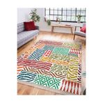 RealHomes Beyaz Zeminde Patchwork Motifli Kilim Desenli Klasik Geometrik Koridor Kaymaz Taban Saçaklı Halı HaliDik-Deluxe-11947, 150 x 150