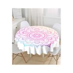 RealHomes Beyaz Zeminde Pembe Mavi Mandala Desenli Özel Tasarım Yuvarlak Masa Örtüsü - Çap 140cm, MasaYuv-5136-140x140cm