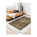 RealHomes Beyazgold Zeminde Çerçeveli Motifli Otantik Desenli Geometrik Klasik Oturma Odasıkaymaz Saçaklı Halı HaliDik-Deluxe-11763, 80 x 100