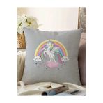 RealHomes Çift Taraflı Gri Zeminde Unicorn At Ve Kalpler Tasarımlı Çocuk Odası Raşel Yastık Kırlent Kılıfı, Sonil-K-4325-55x55cm