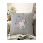 RealHomes Çift Taraflı Gri Zeminde Unicorn Sevimli At Çocuk Odası Raşel Örme Yastık Kırlent Kılıfı, Sonil-K-4335-55x55cm