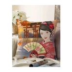 RealHomes Çift Taraflı Gül Motifli Yelpaze Tutan Japon Kadın Motifli Dekoratif Raşel Örme Kırlent Kılıfı, Sonil-K-5832-55x55cm