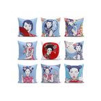 RealHomes Çift Taraflı Kırmızı Yelpazeli Mavi Zeminli Japon Kadın Modern Raşel Örme Yastık Kılıfı, Rasel-K5855-CiftTarafli-43x43cm