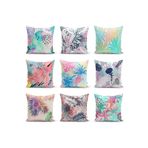 RealHomes Çift Taraflı Mavi Zemin Üzerinde Pembe Yaprak Motifli Modern Raşel Örme Yastık Kılıfı