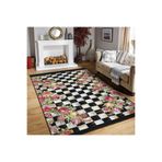 RealHomes Damalı Zeminde Damask Motifli Çiçek Desenli Floral Geometrik Mutfak Kaymaz Taban Saçaklı Halı HaliDik-Deluxe-12243, 80 x 200