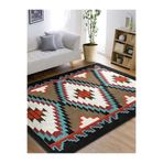 RealHomes Ekru Zeminde Kilim Motifli Geleneksel Desenli Geometrik Etnik Motifler Kaymaz Taban Saçaklı Halı HaliDik-Deluxe-12070, 160 x 230
