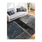 RealHomes Füme - Mavi Zeminde Geometrik Motifli Kanvas Desenli Geometrik Oturma Odası Mutfak Saçaklı Halı HaliDik-Deluxe-11791, 80 x 350