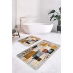 Realhomes Geometrik Modern Hardal-Siyah Desenli Kaymaz Taban Yıkanabilir 2'Li Banyo Paspas Seti