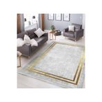 RealHomes Gold Gri Zeminde Çerçeveli Motifli Eskitme Desenli Geometrik Klasik Salon Kaymaz Taban Saçaklı Halı HaliDik-Deluxe-11545, 60 x 120